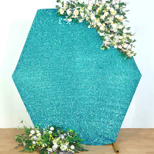 8ftx7ft Turquoise Metallic Shimmer Tinsel Spandex Hexagon Wedding Arbor Cover, 2-Sided Backdrop Backdrops PROstorez Default Title