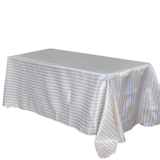 90"x156" White Champagne Seamless Stripe Satin Rectangle Tablecloth for 8 Foot Table With Floor-Length Drop Tablecloths HIER_2142