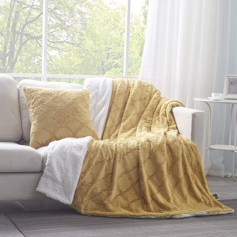 Load image into Gallery viewer, Faux Fur Mustard Yellow Moroccan Lattice Pattern Throw Blanket Gift Tache Home Fashion
