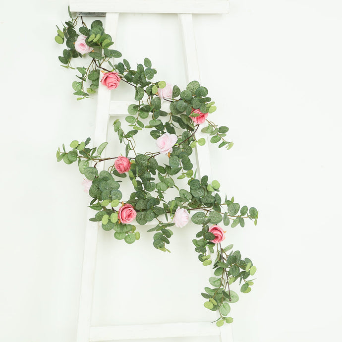 6ft Artificial Eucalyptus Garland with Blush/Dusty Rose Silk Roses  Faux Greenery Vine Flower Garlands HIER_6120