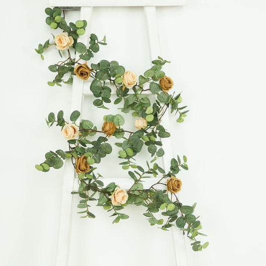 6ft Artificial Eucalyptus Garland with Cream/Gold Silk Roses  Faux Greenery Vine Flower Garlands HIER_6120