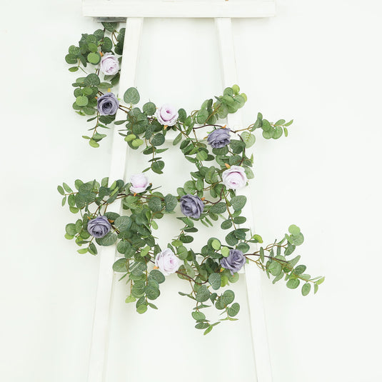 6ft Artificial Eucalyptus Garland with Lavender Lilac/Purple Silk Roses  Faux Greenery Vine Flower Garlands HIER_6120