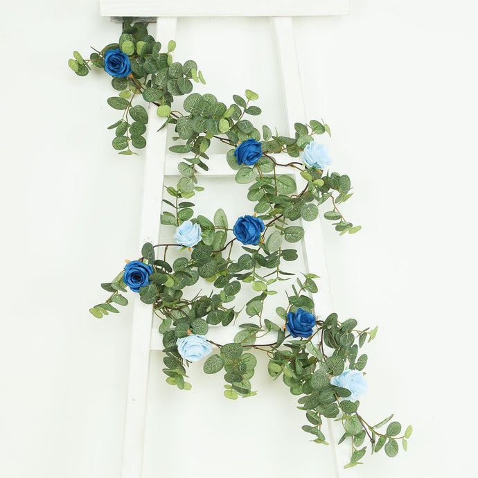 6ft Artificial Eucalyptus Garland with Royal Blue/Light Blue Silk Roses  Faux Greenery Vine Flower Garlands HIER_6120