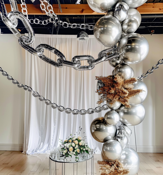 16ft Jumbo Chain Link Balloons in Silver, 30pack 8x12" Durable Foil Chain Balloons for 90s Hip Hop Party Decorations, Event Decor Decorations HIER_9120