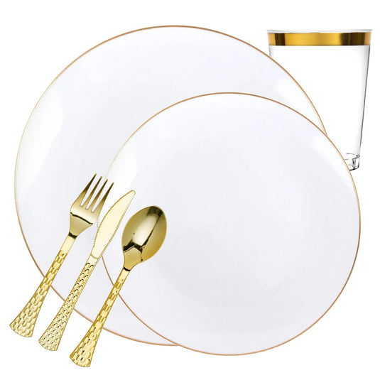 Organic Collection Dinner Plate White & Gold Rim Tableware Package Disposable Plates Decorline