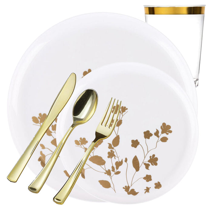 Garden Collection White and Gold Round Dinner Tableware Package Set Disposable Plates Decorline