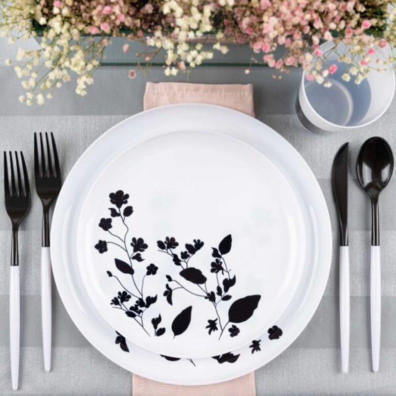 Load image into Gallery viewer, Garden Collection White and Black Round Dinner Tableware Package Set Disposable Plates Decorline
