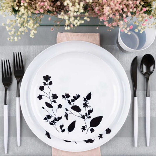 Garden Collection White and Black Round Dinner Tableware Package Set Disposable Plates Decorline