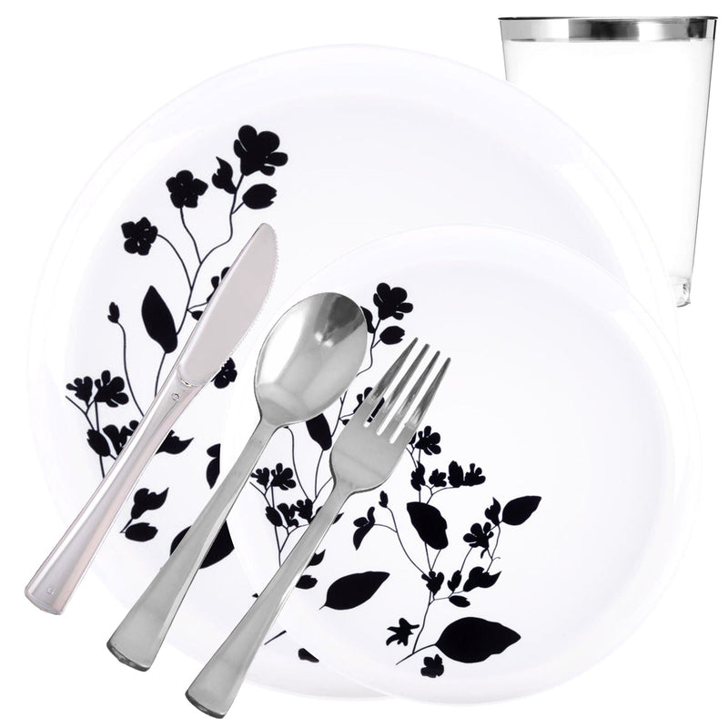 Load image into Gallery viewer, Garden Collection White and Black Round Dinner Tableware Package Set Disposable Plates Decorline
