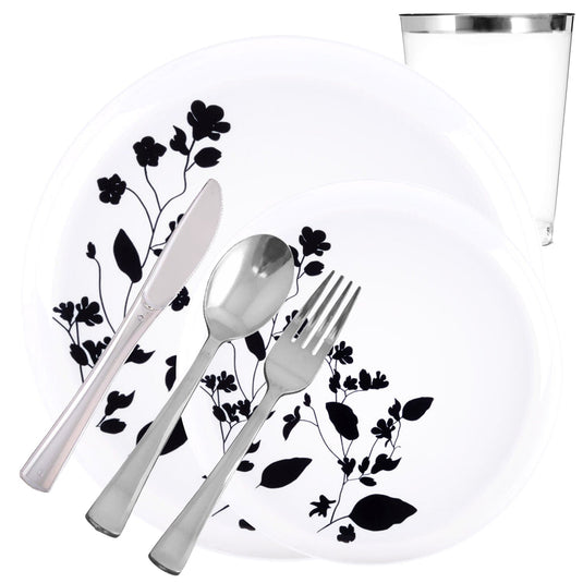 Garden Collection White and Black Round Dinner Tableware Package Set Disposable Plates Decorline