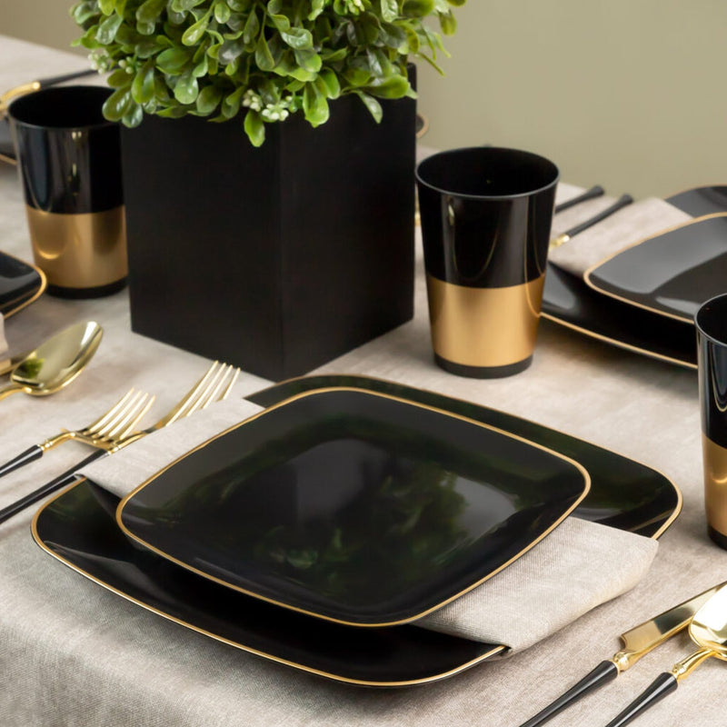 Load image into Gallery viewer, Organic Collection Black and Gold Rim Square Dinner Plates 7.25&quot; Tablesettings Blue Sky
