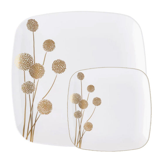 Plastic Dandelion Square Plates 10″ Fancy Disposable Dinner Plate White/Gold. Tablesettings Blue Sky