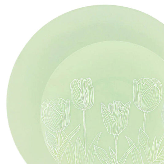 Combo set 10.25in. & 7.5in. Mint Green Tulip Round Plastic Dinnerware Set Elegant Plates Blue Sky