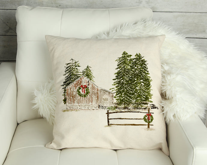 Barn with Wreath and Trees Pillow Cover 