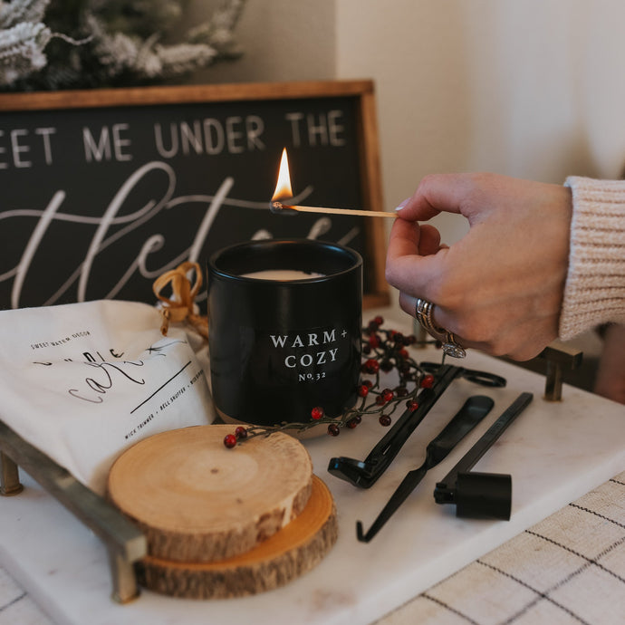 Warm and Cozy Soy Candle - Black Stoneware Jar - 12 oz Collective Sweet Water Decor