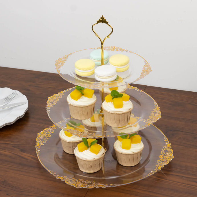 3-Tier Clear Plastic Cupcake Tower Stand with Gold Embossed Baroque Rim, 13