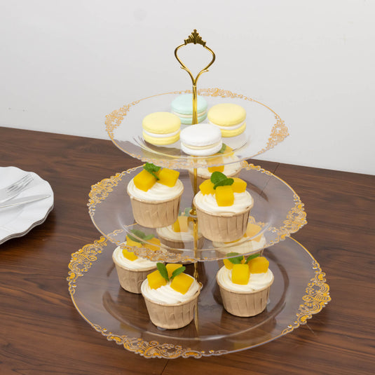 3-Tier Clear Plastic Cupcake Tower Stand with Gold Embossed Baroque Rim, 13" Round Cake Dessert Holder Display Stand Tiered Serving Tray with Top Handle Cake Stands HIER_7520