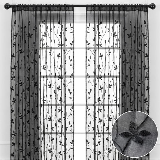 Embroidered Vine Sheer Rod Pocket Curtains Shop Chanasya