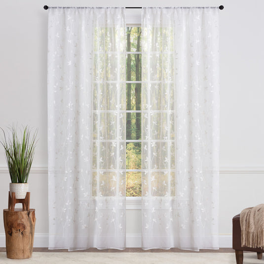 Embroidered Vine Sheer Rod Pocket Curtains Shop Chanasya