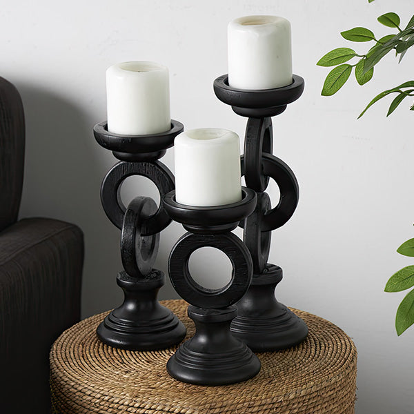 Black Ring Wood Candle Holders, Set of 3 UMA