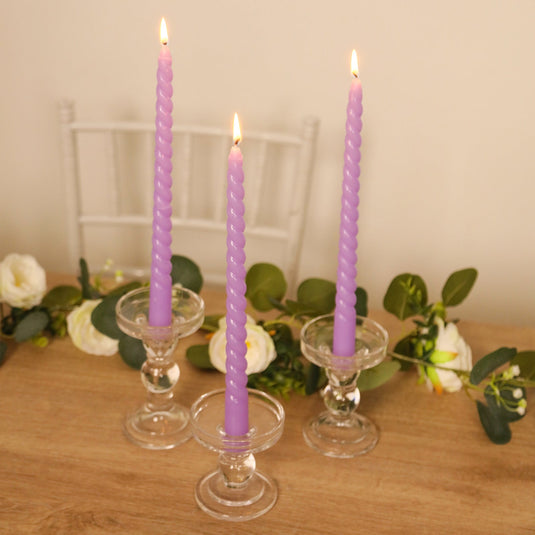 12-Pack Taper Candles Spiral Long Burn Wick Design Lavender Lilac - Premium Unscented Wax Dinner Candle Sticks 11" Decorations HIER_8400