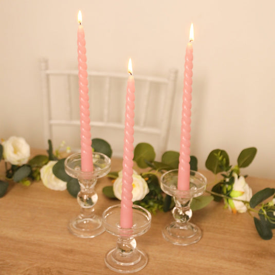 12-Pack Taper Candles Spiral Long Burn Wick Design Pink - Premium Unscented Wax Dinner Candle Sticks 11