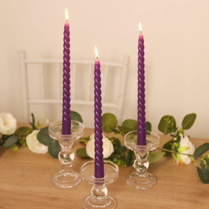 12-Pack Taper Candles Spiral Long Burn Wick Design Purple - Premium Unscented Wax Dinner Candle Sticks 11