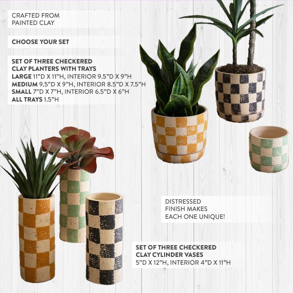 Load image into Gallery viewer, Checkered Clay Cylinder Planters, Set of Three, Choose Your Style Flash Deal KAL
