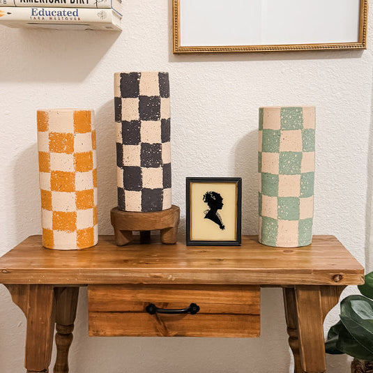 Checkered Clay Cylinder Planters, Set of Three, Choose Your Style Flash Deal KAL