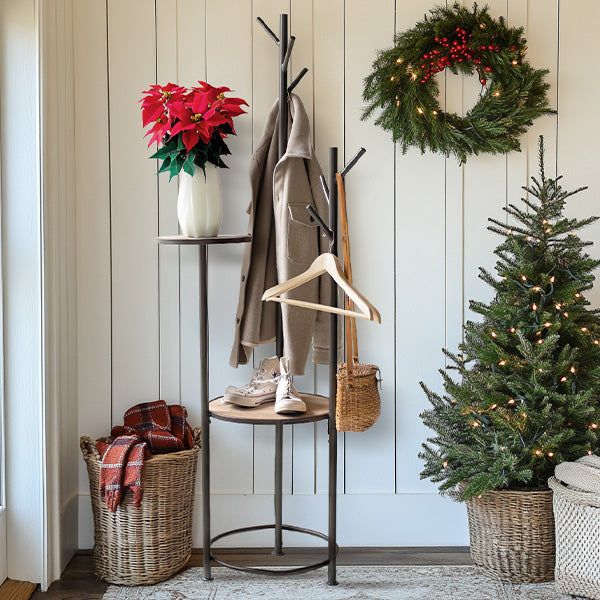 Industrial Freestanding Wood and Metal Coat Rack with Round Shelves Whats trending KAL