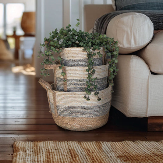 Grey Striped Round Baskets, Set of 3 General KAL