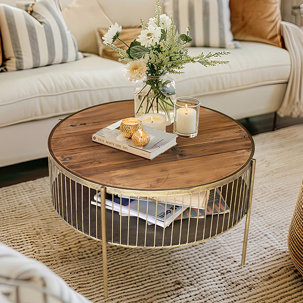 Round Wood and Metal Coffee Table with Storage Display Whats trending KAL