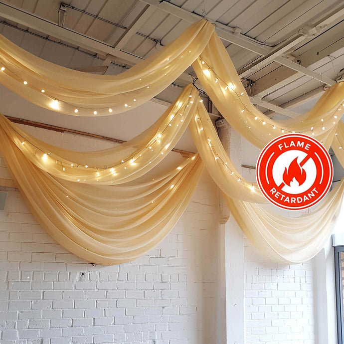 5ftx32ft Premium Champagne Chiffon Curtain Panel, Durable Flame Resistant Backdrop Ceiling Drapery With Rod Pocket Backdrops HIER_5330