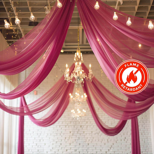 5ftx32ft Premium Fuchsia Chiffon Curtain Panel, Durable Flame Resistant Backdrop Ceiling Drapery With Rod Pocket Backdrops HIER_5330