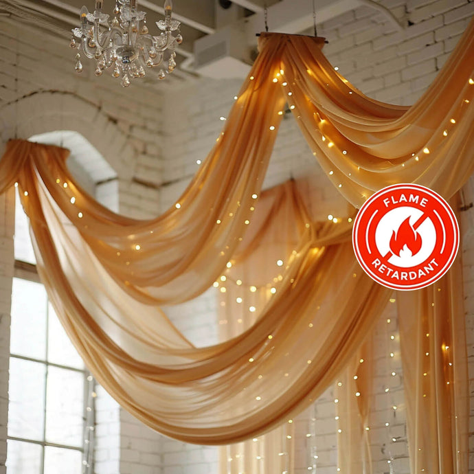 5ftx32ft Premium Gold Chiffon Curtain Panel, Durable Flame Resistant Backdrop Ceiling Drapery With Rod Pocket Backdrops HIER_5330