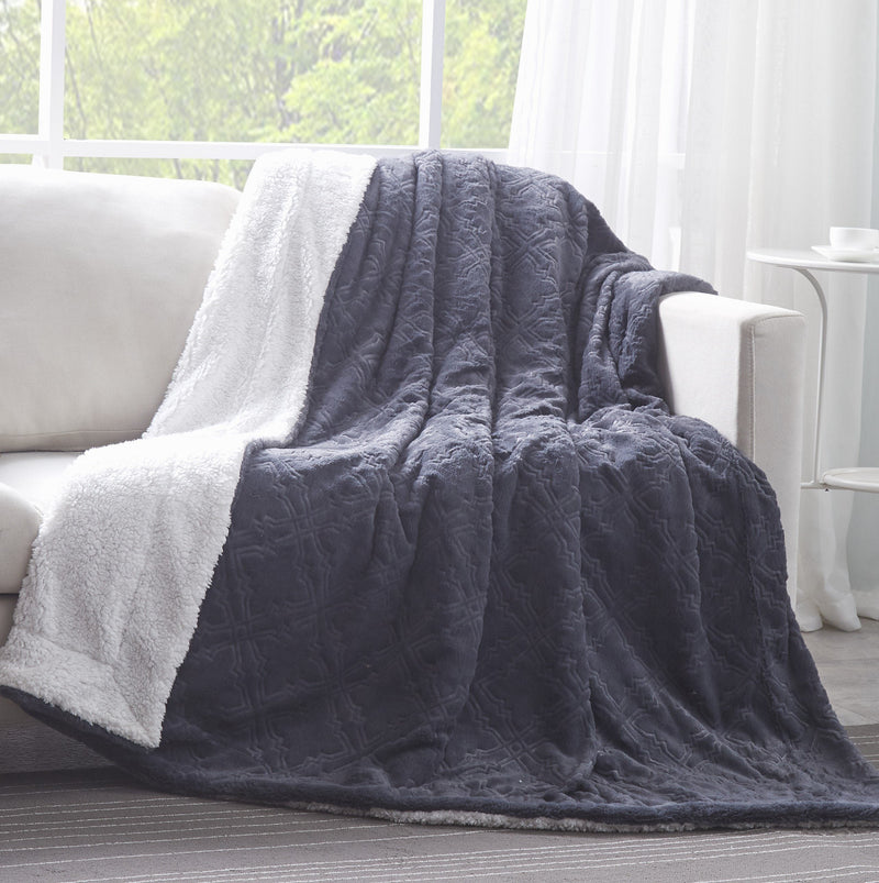 Load image into Gallery viewer, Faux Fur Steel Navy Blue Diamond Trellis Pattern Throw Blanket Gift Tache Home Fashion
