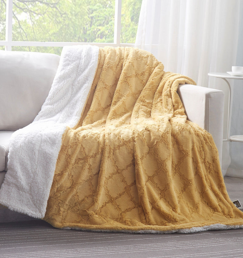 Load image into Gallery viewer, Faux Fur Mustard Yellow Moroccan Lattice Pattern Throw Blanket Gift Tache Home Fashion
