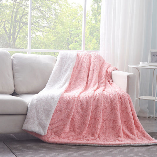 Luxury Blossom Pink Rose Buds Pink Sherpa Backside Faux Fur Throw Blanket Shop DaDalogy Bedding Collection