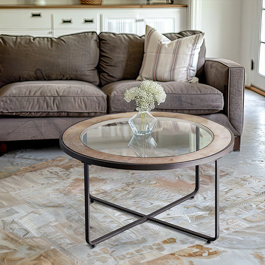 Wood and Glass Industrial Round Coffee Table Whats trending CT