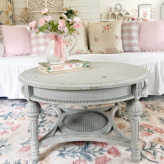 Distressed Round Wood Coffee Table with Shelf General ABH