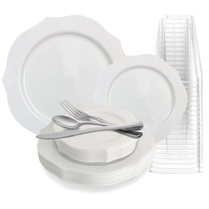 ANTIQUE COLLECTION ELEGANT WHITE PLASTIC TABLEWARE PACKAGE Disposable Plates Decorline