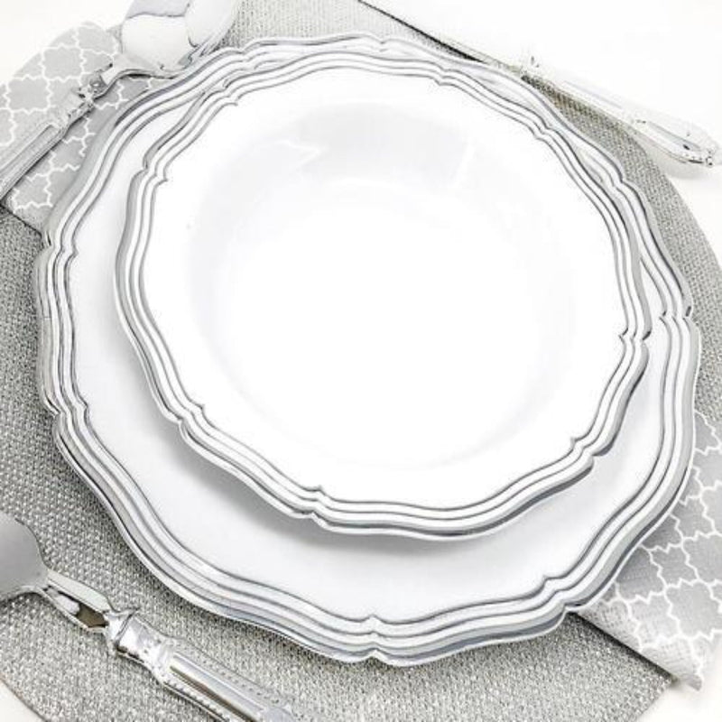 Load image into Gallery viewer, Aristocrat Collections Dinner Plate White &amp; Silver 10&quot; Disposable Plates Decorline
