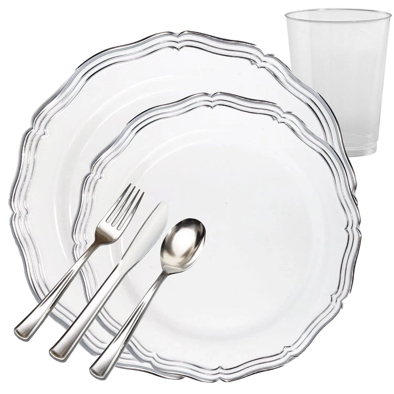 Load image into Gallery viewer, Aristocrat Collections Dinner Plate White &amp; Silver Tableware Package Disposable Plates Decorline
