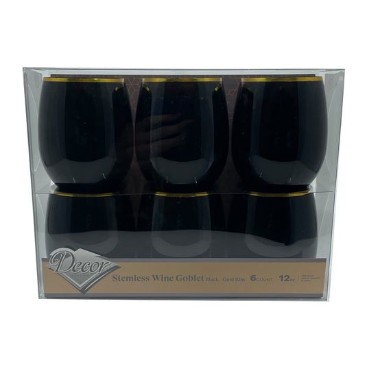 Stemless Plastic Wine Goblet 12oz Black / Gold Rim Wine Goblets Decorline