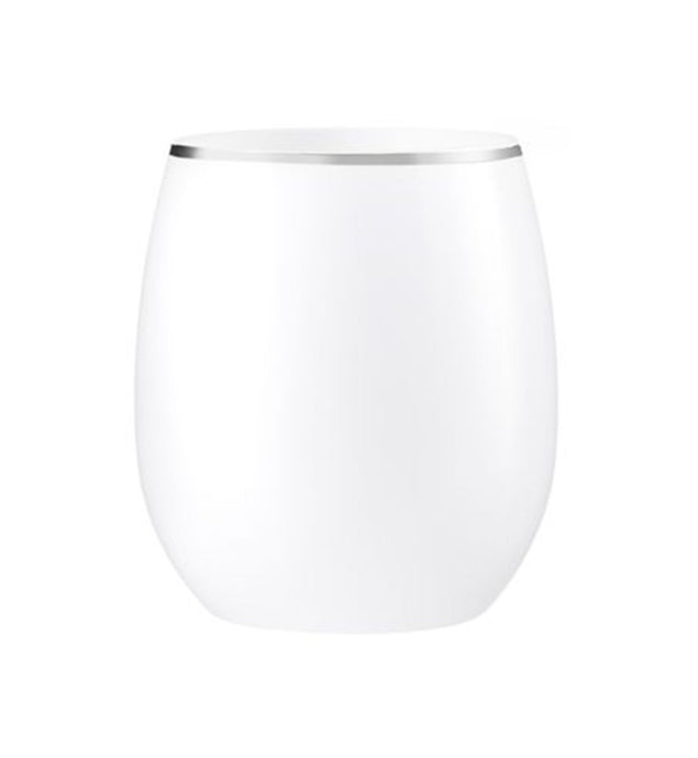 Stemless Plastic Wine Goblet 12oz White / Silver Rim Wine Goblets Decorline