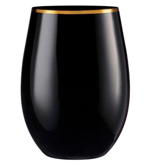 Stemless Plastic Wine Goblet 16oz Black / Gold Rim Wine Goblets Decorline