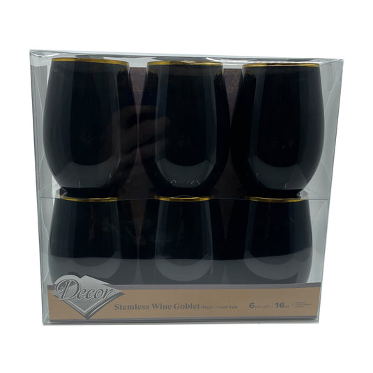 Stemless Plastic Wine Goblet 16oz Black / Gold Rim Wine Goblets Decorline