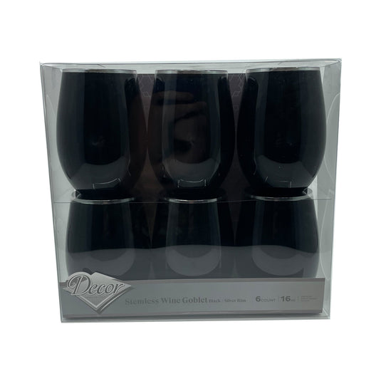 Stemless Plastic Wine Goblet 16oz Black / Silver Rim Wine Goblets Decorline