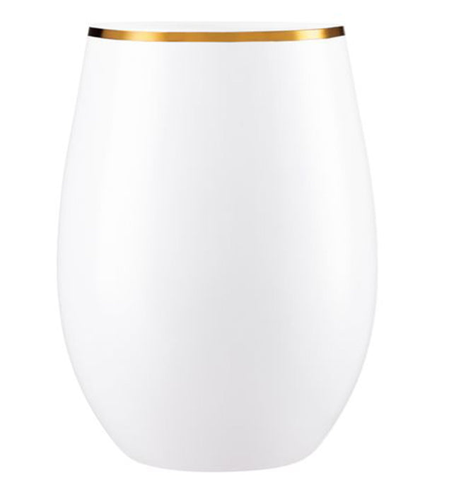 Stemless Plastic Wine Goblet 16oz White / Gold Rim Wine Goblets Decorline