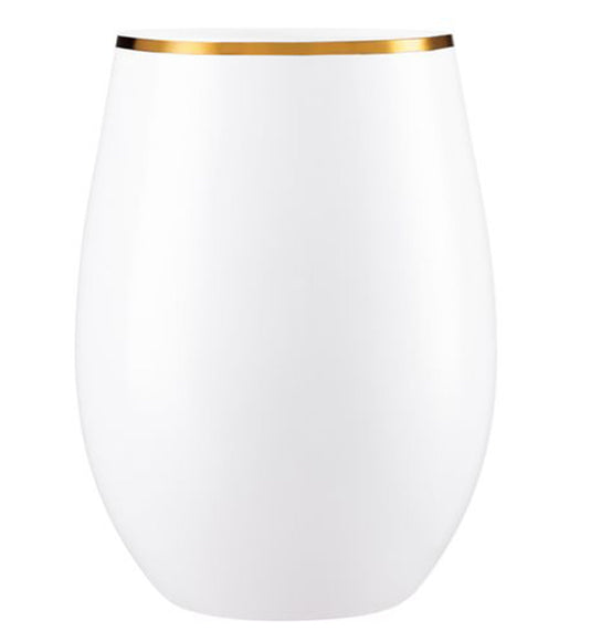 Stemless Plastic Wine Goblet 16oz White / Gold Rim Wine Goblets Decorline